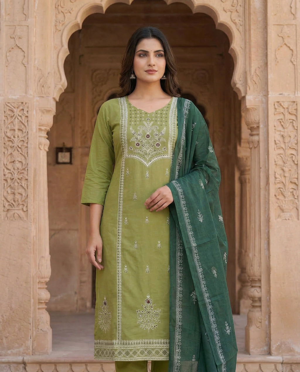 Pista Green Cotton Kurti Pant Dupatta Set with Mirror Work | Aarvya Fashion