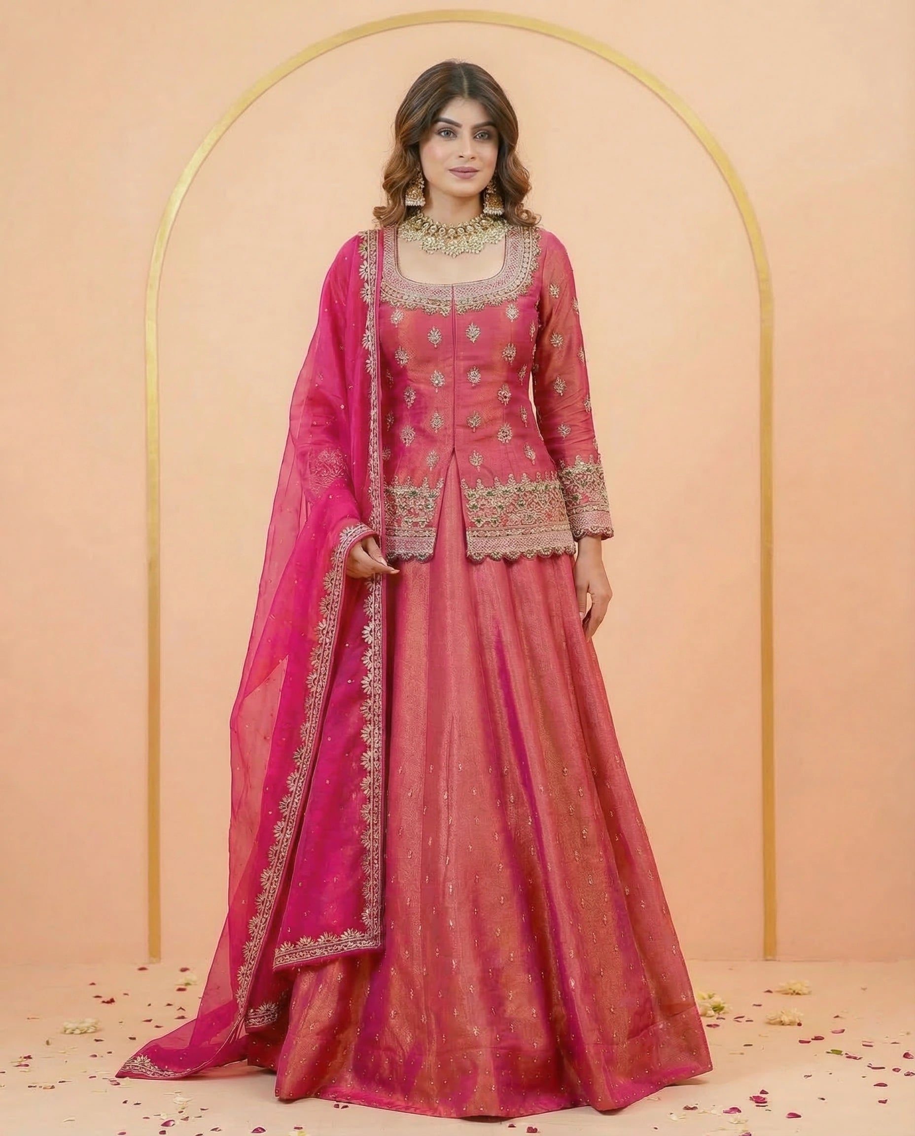 Pink Pushkar Roman Silk Lehenga Choli Set with Beads & Stones Embroidery for Women