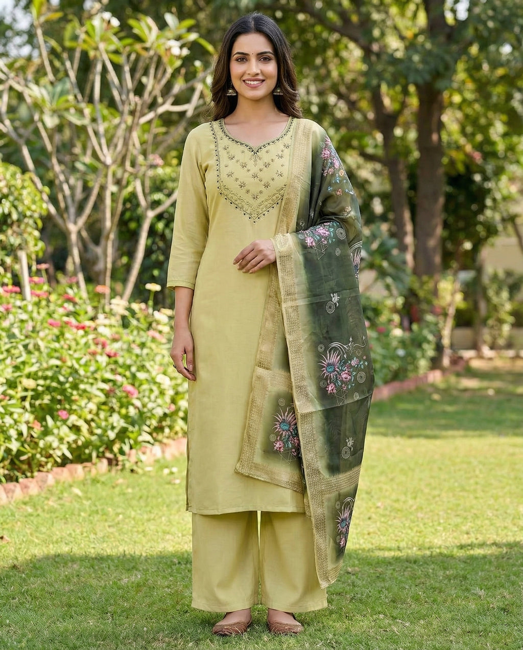 Elaichi Chanderi Kurti Pant Dupatta Set