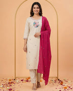 Cream Khadi Cotton Kurti Pant Dupatta Set with Embroidery Work for Women