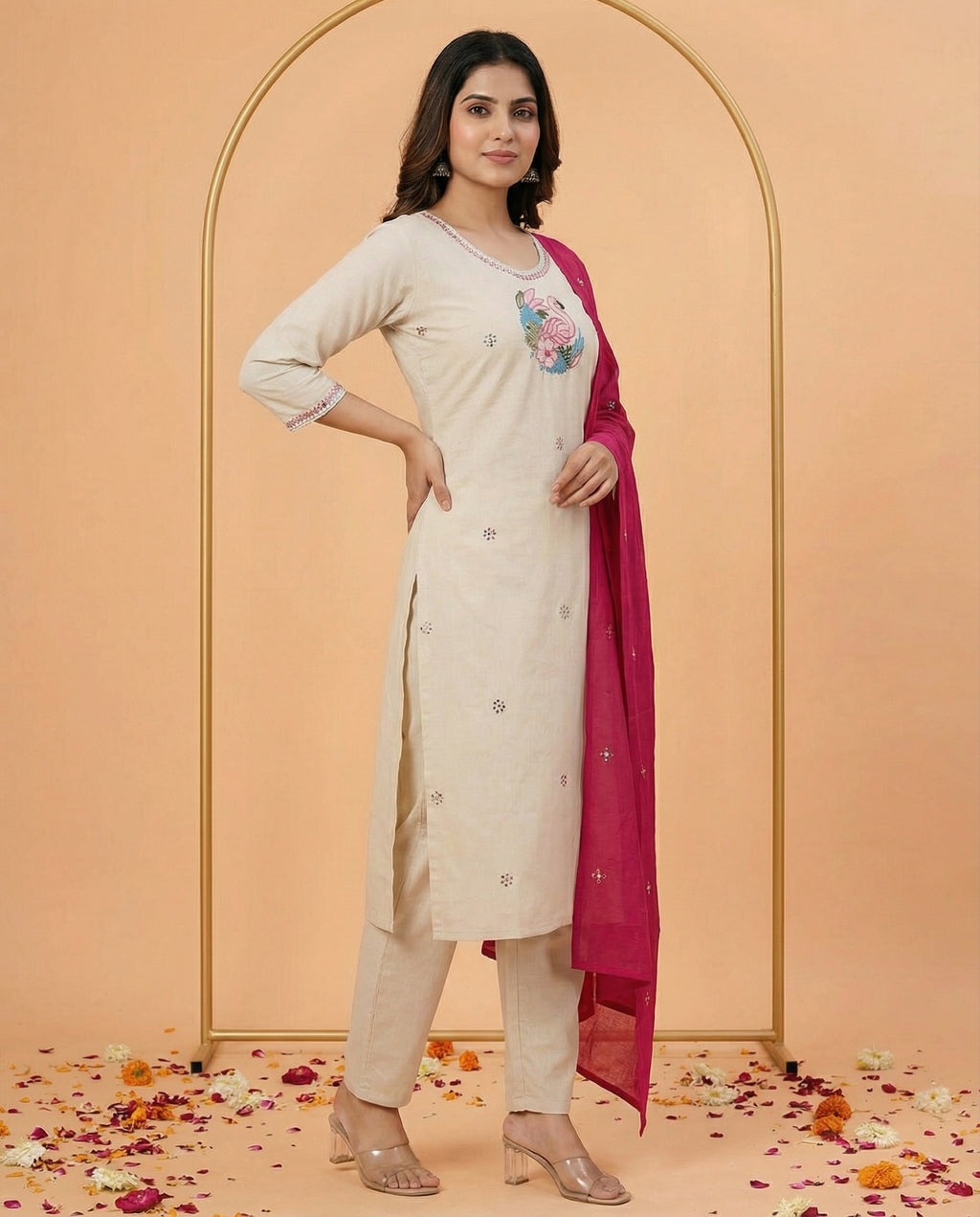 Cream Khadi Cotton Kurti Pant Dupatta Set with Embroidery Work for Women