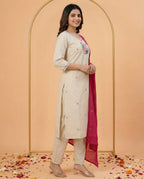 Cream Khadi Cotton Kurti Pant Dupatta Set with Embroidery Work for Women