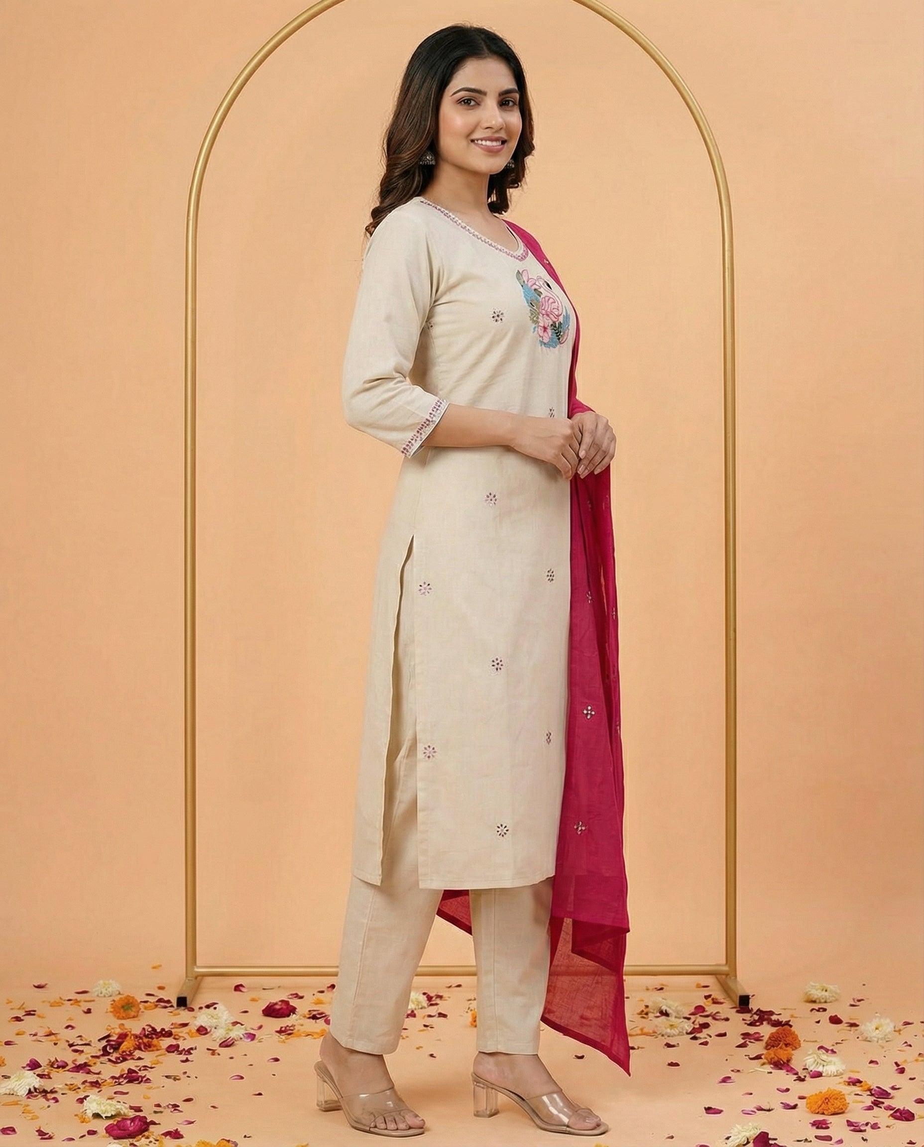 Cream Khadi Cotton Kurti Pant Dupatta Set with Embroidery Work for Women