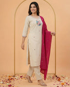 Cream Khadi Cotton Kurti Pant Dupatta Set with Embroidery Work for Women