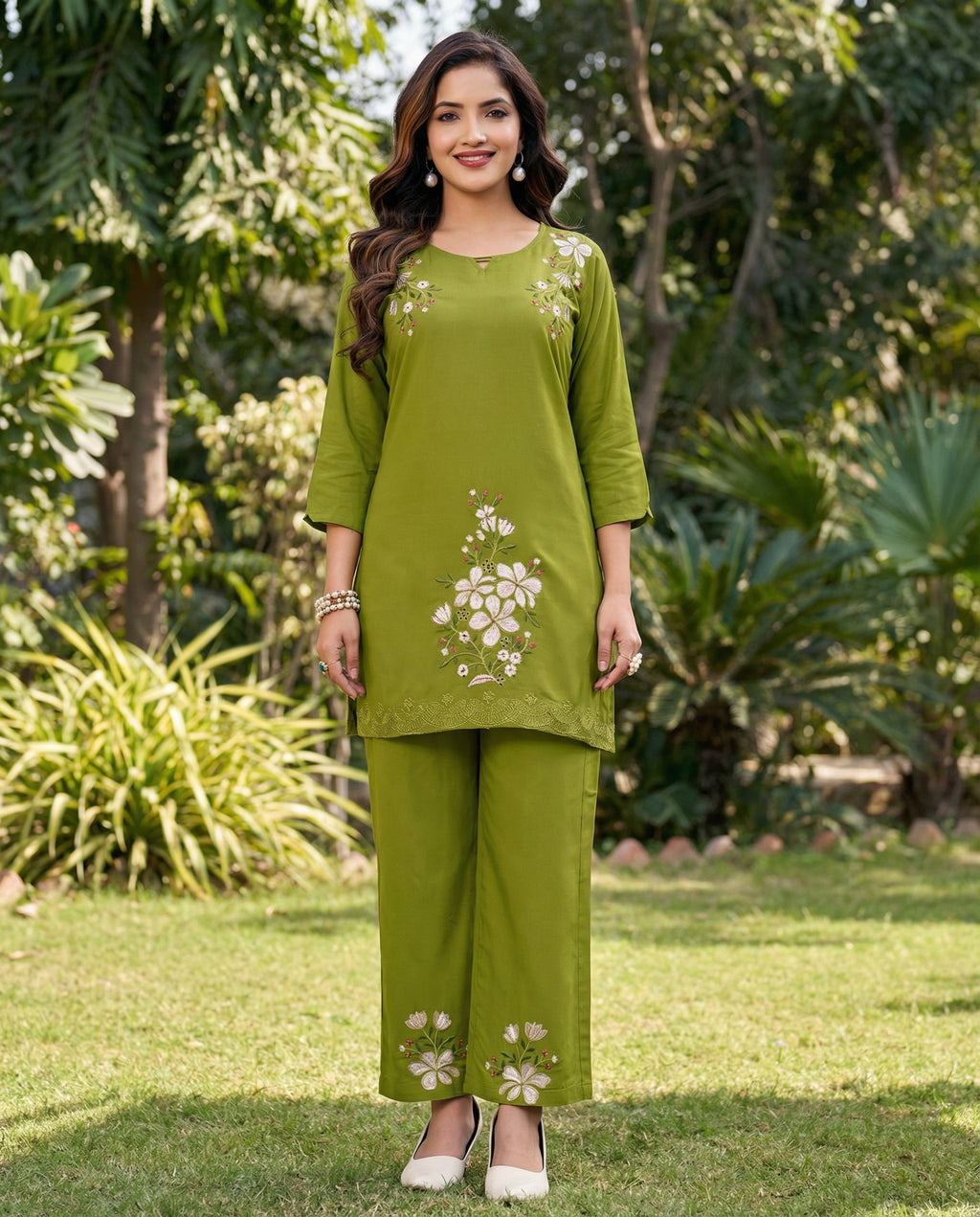 Women Heavy Viscose Rayon Co-Ord Set with Embroidery Work (Top & Pant Set)