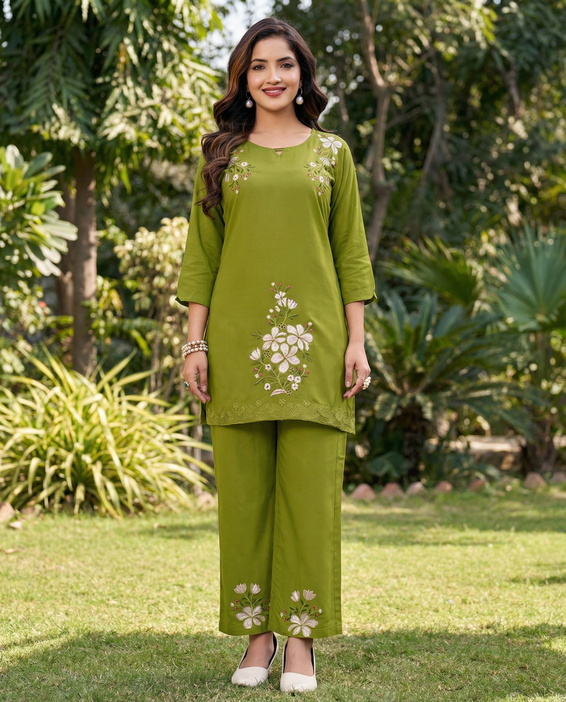 Women Heavy Viscose Rayon Co-Ord Set with Embroidery Work (Top & Pant Set)