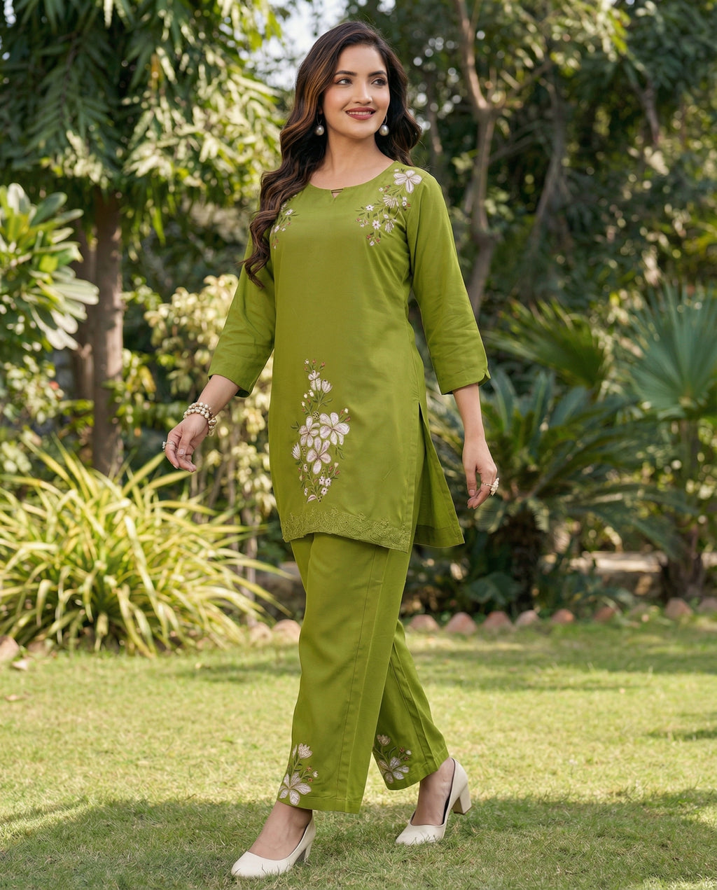 Women Heavy Viscose Rayon Co-Ord Set with Embroidery Work (Top & Pant Set)
