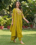 Women Anarkali Kurti Pant Dupatta Set with Embroidery Work in Roman Silk