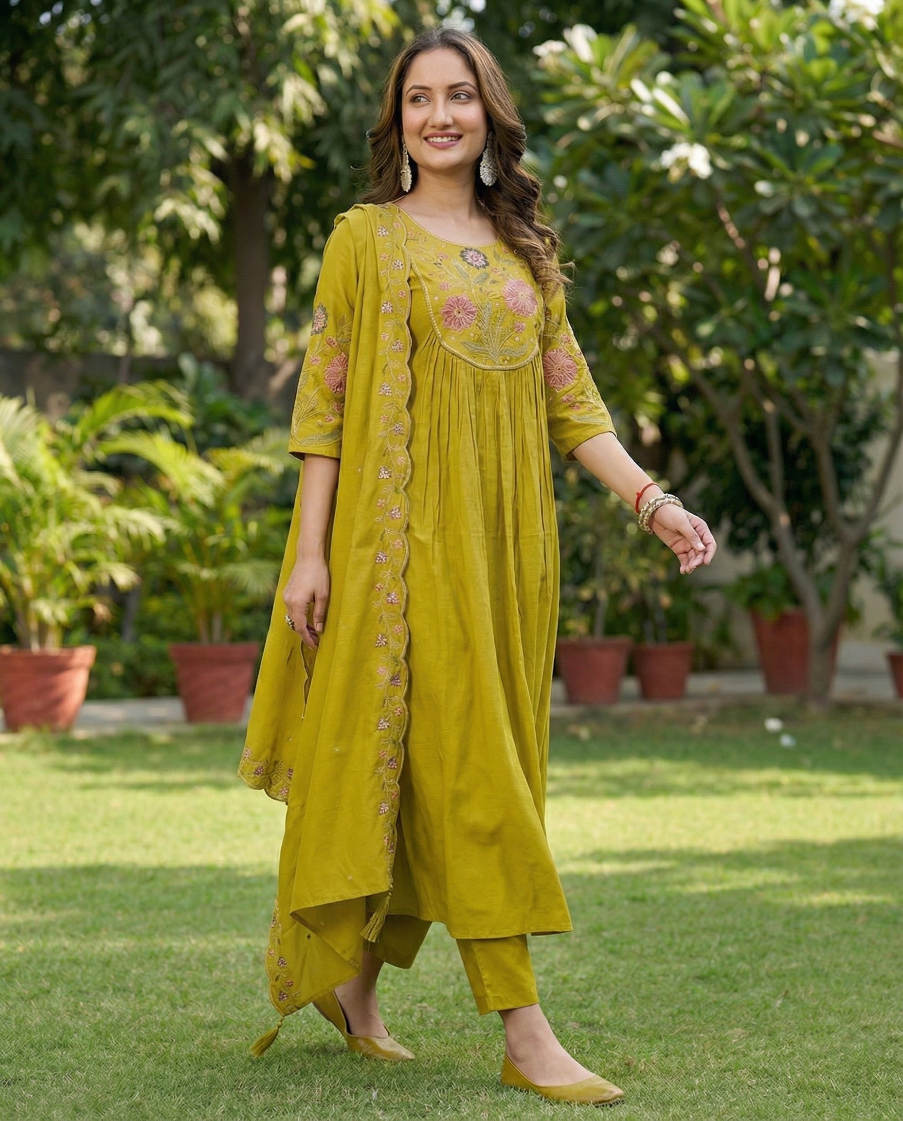 Women Anarkali Kurti Pant Dupatta Set with Embroidery Work in Roman Silk