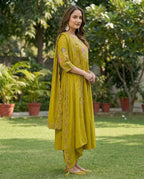 Women Anarkali Kurti Pant Dupatta Set with Embroidery Work in Roman Silk