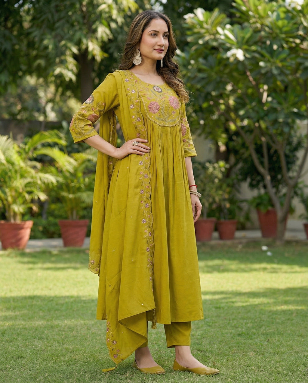Women Anarkali Kurti Pant Dupatta Set with Embroidery Work in Roman Silk