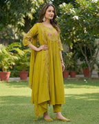 Women Anarkali Kurti Pant Dupatta Set with Embroidery Work in Roman Silk