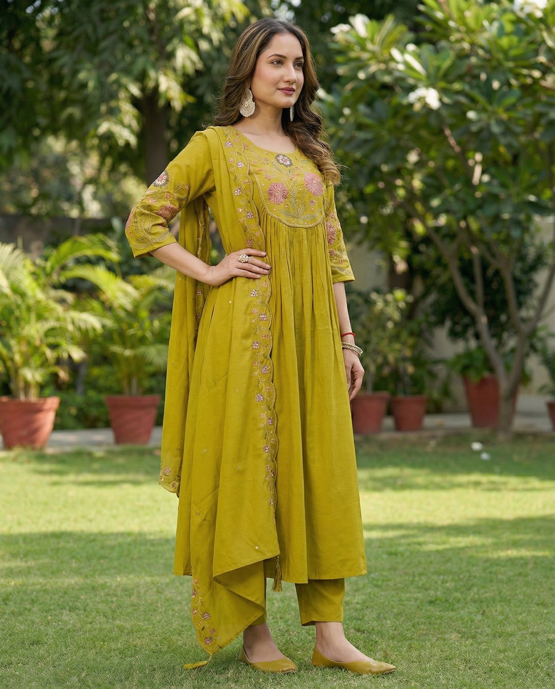 Women Anarkali Kurti Pant Dupatta Set with Embroidery Work in Roman Silk