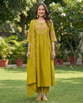 Women Anarkali Kurti Pant Dupatta Set with Embroidery Work in Roman Silk