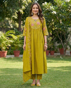 Women Anarkali Kurti Pant Dupatta Set with Embroidery Work in Roman Silk