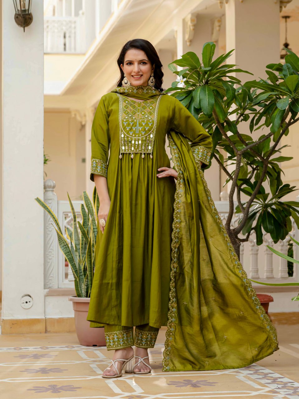 Women Anarkali Kurti Pant Dupatta Set with Mirror Work in Roman Silk