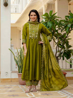 Women Anarkali Kurti Pant Dupatta Set with Mirror Work in Roman Silk