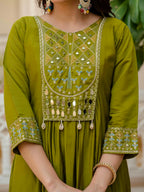 Women Anarkali Kurti Pant Dupatta Set with Mirror Work in Roman Silk