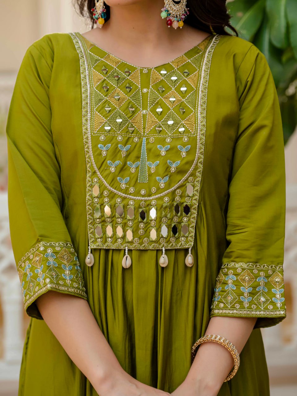 Women Anarkali Kurti Pant Dupatta Set with Mirror Work in Roman Silk