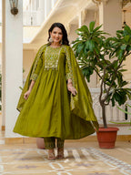 Women Anarkali Kurti Pant Dupatta Set with Mirror Work in Roman Silk