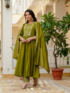 Women Anarkali Kurti Pant Dupatta Set with Mirror Work in Roman Silk