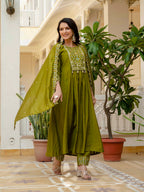 Women Anarkali Kurti Pant Dupatta Set with Mirror Work in Roman Silk