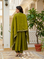 Women Anarkali Kurti Pant Dupatta Set with Mirror Work in Roman Silk