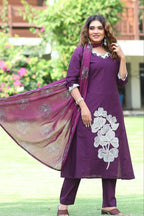 Purple Pure Cotton A-Line Kurti Pant Dupatta Set with Embroidery Work for Women