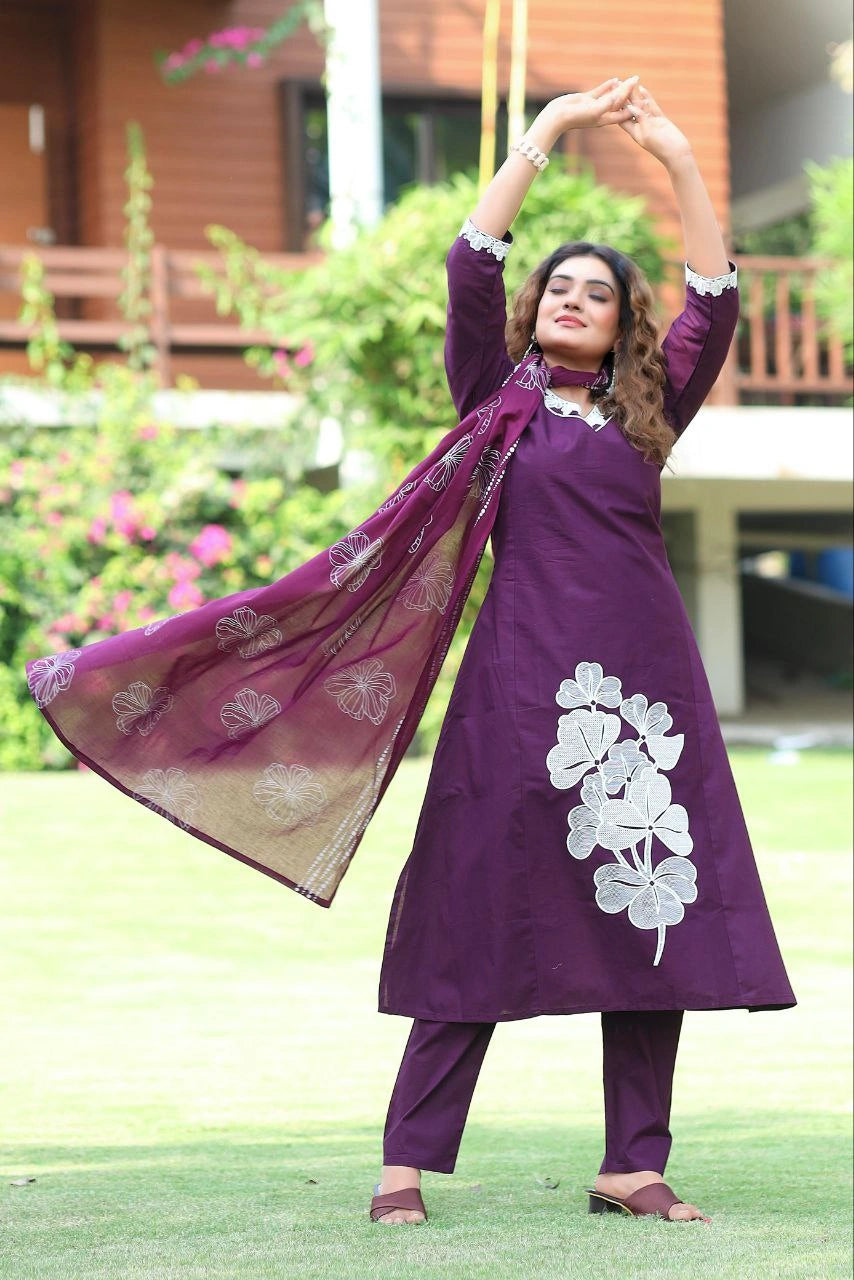Purple Pure Cotton A-Line Kurti Pant Dupatta Set with Embroidery Work for Women