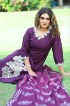 Purple Pure Cotton A-Line Kurti Pant Dupatta Set with Embroidery Work for Women