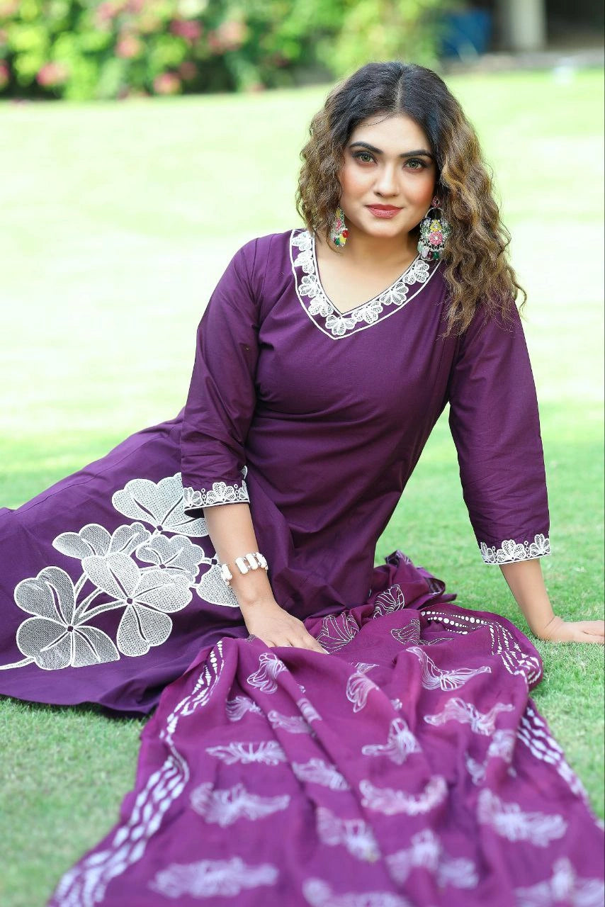 Purple Pure Cotton A-Line Kurti Pant Dupatta Set with Embroidery Work for Women