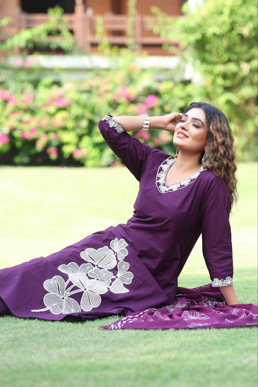 Purple Pure Cotton A-Line Kurti Pant Dupatta Set with Embroidery Work for Women