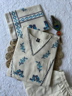 Cream Khadi Cotton Kurti Pant Dupatta Set with Digital Print & Sequence Work for Women
