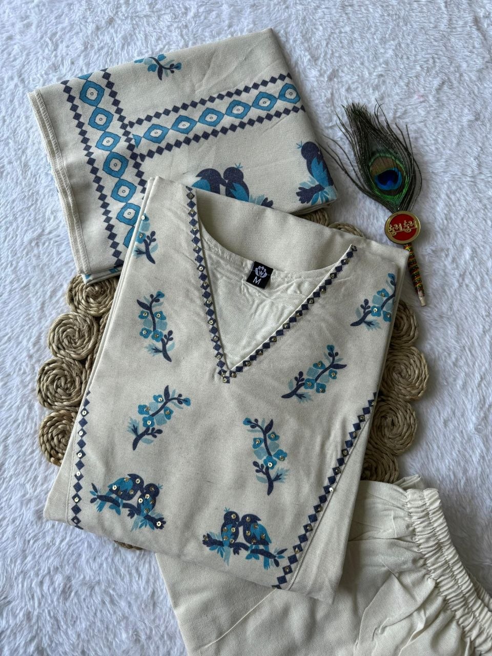 Cream Khadi Cotton Kurti Pant Dupatta Set with Digital Print & Sequence Work for Women