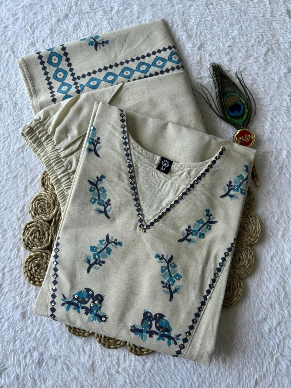 Cream Khadi Cotton Kurti Pant Dupatta Set with Digital Print & Sequence Work for Women