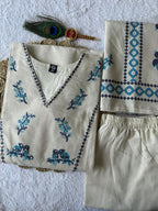 Cream Khadi Cotton Kurti Pant Dupatta Set with Digital Print & Sequence Work for Women