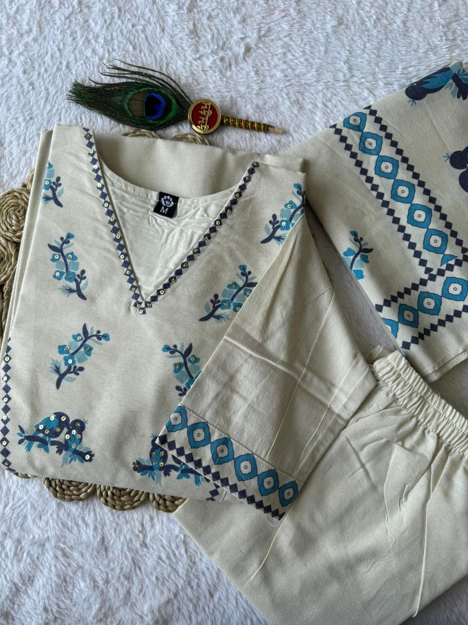 Cream Khadi Cotton Kurti Pant Dupatta Set with Digital Print & Sequence Work for Women