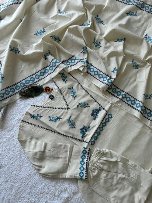 Cream Khadi Cotton Kurti Pant Dupatta Set with Digital Print & Sequence Work for Women
