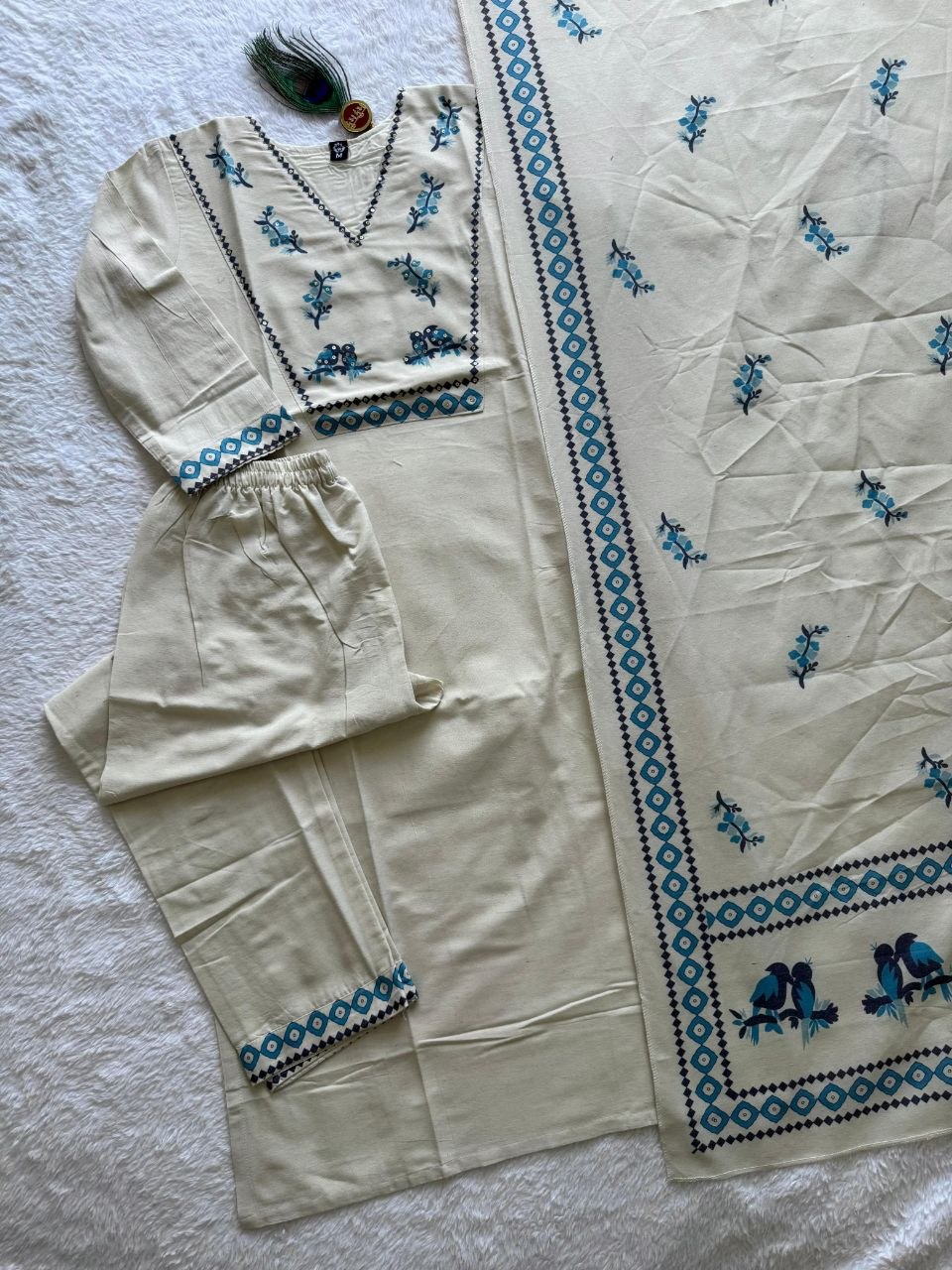 Cream Khadi Cotton Kurti Pant Dupatta Set with Digital Print & Sequence Work for Women