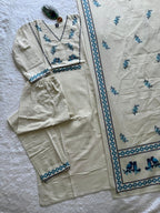 Cream Khadi Cotton Kurti Pant Dupatta Set with Digital Print & Sequence Work for Women