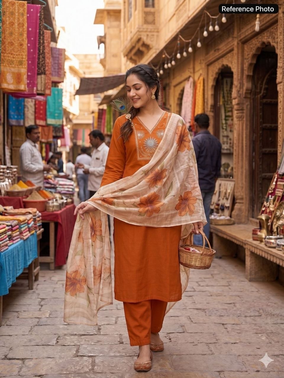 Light Rust Roman Silk Kurti Pant Dupatta Set with Moti Work | Aarvya Fashion