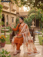 Light Rust Roman Silk Kurti Pant Dupatta Set with Moti Work | Aarvya Fashion