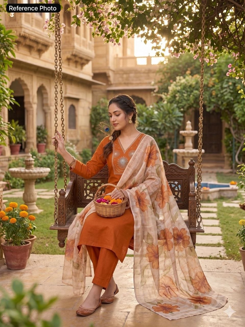 Light Rust Roman Silk Kurti Pant Dupatta Set with Moti Work | Aarvya Fashion