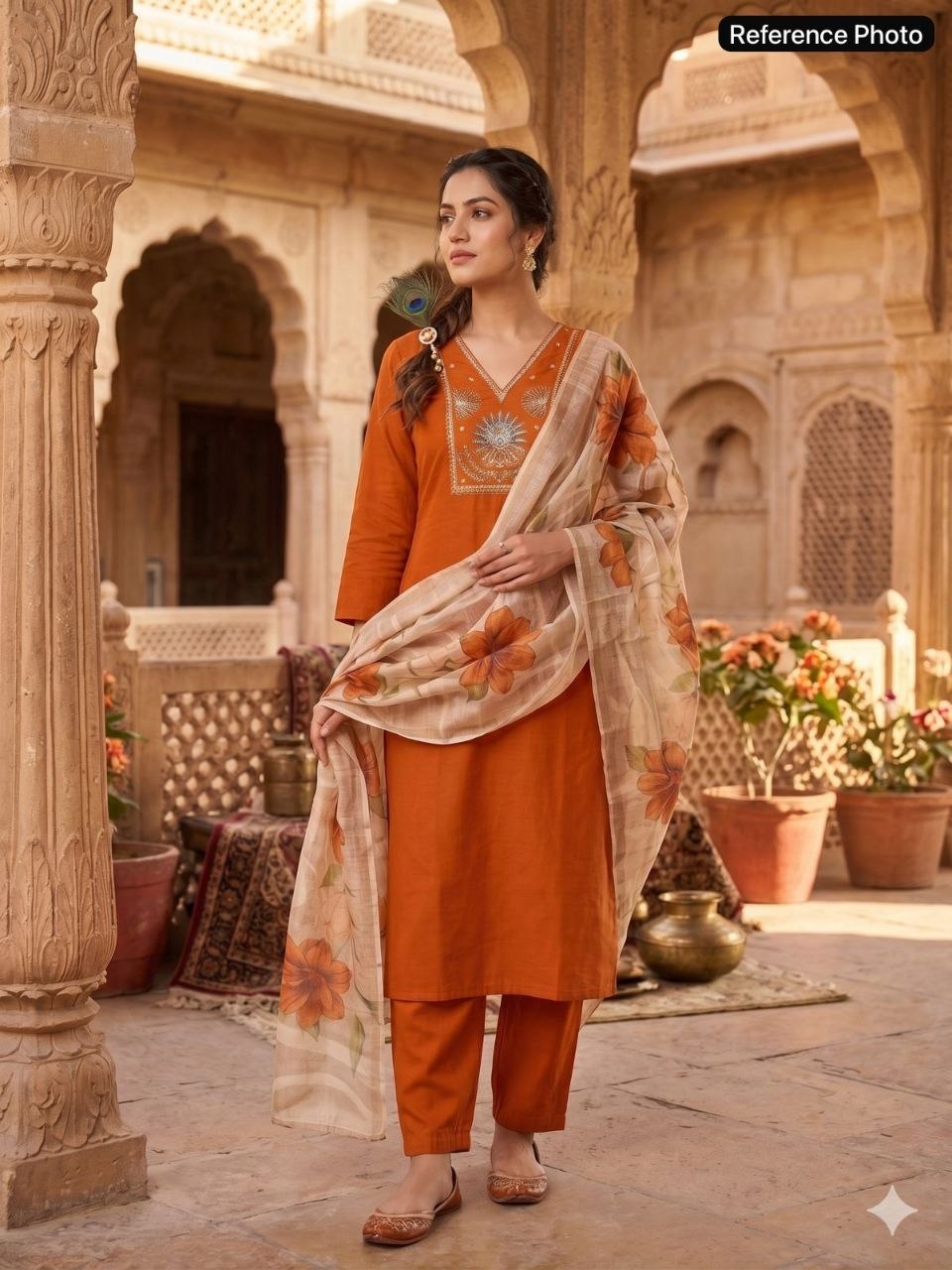 Light Rust Roman Silk Kurti Pant Dupatta Set with Moti Work | Aarvya Fashion