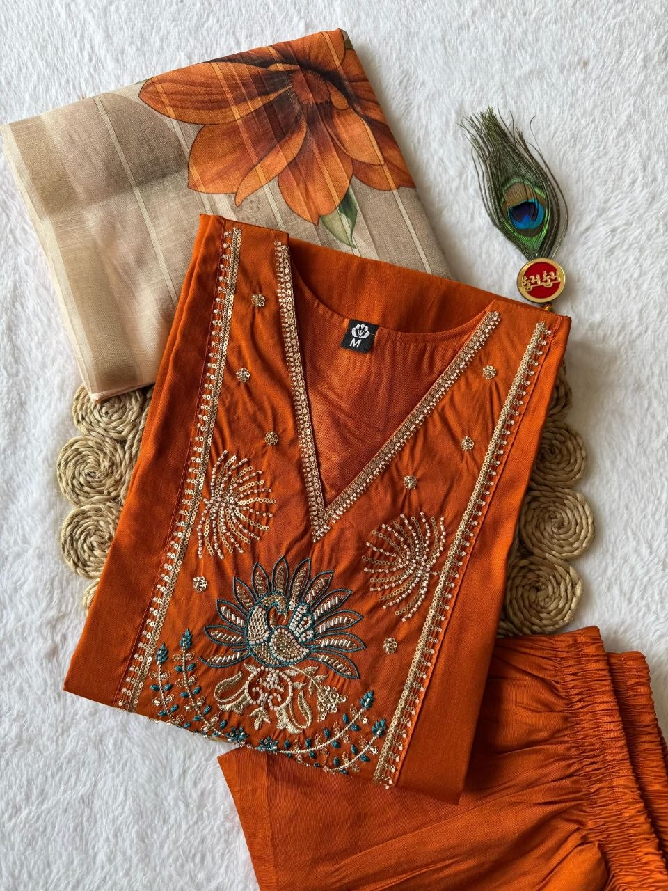 Light Rust Roman Silk Kurti Pant Dupatta Set with Moti Work | Aarvya Fashion