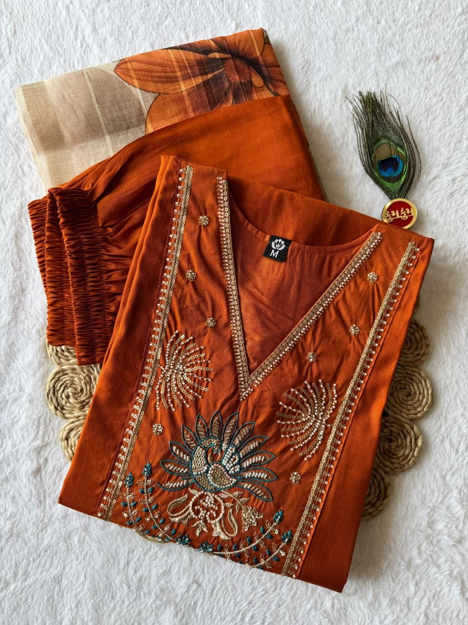 Light Rust Roman Silk Kurti Pant Dupatta Set with Moti Work | Aarvya Fashion