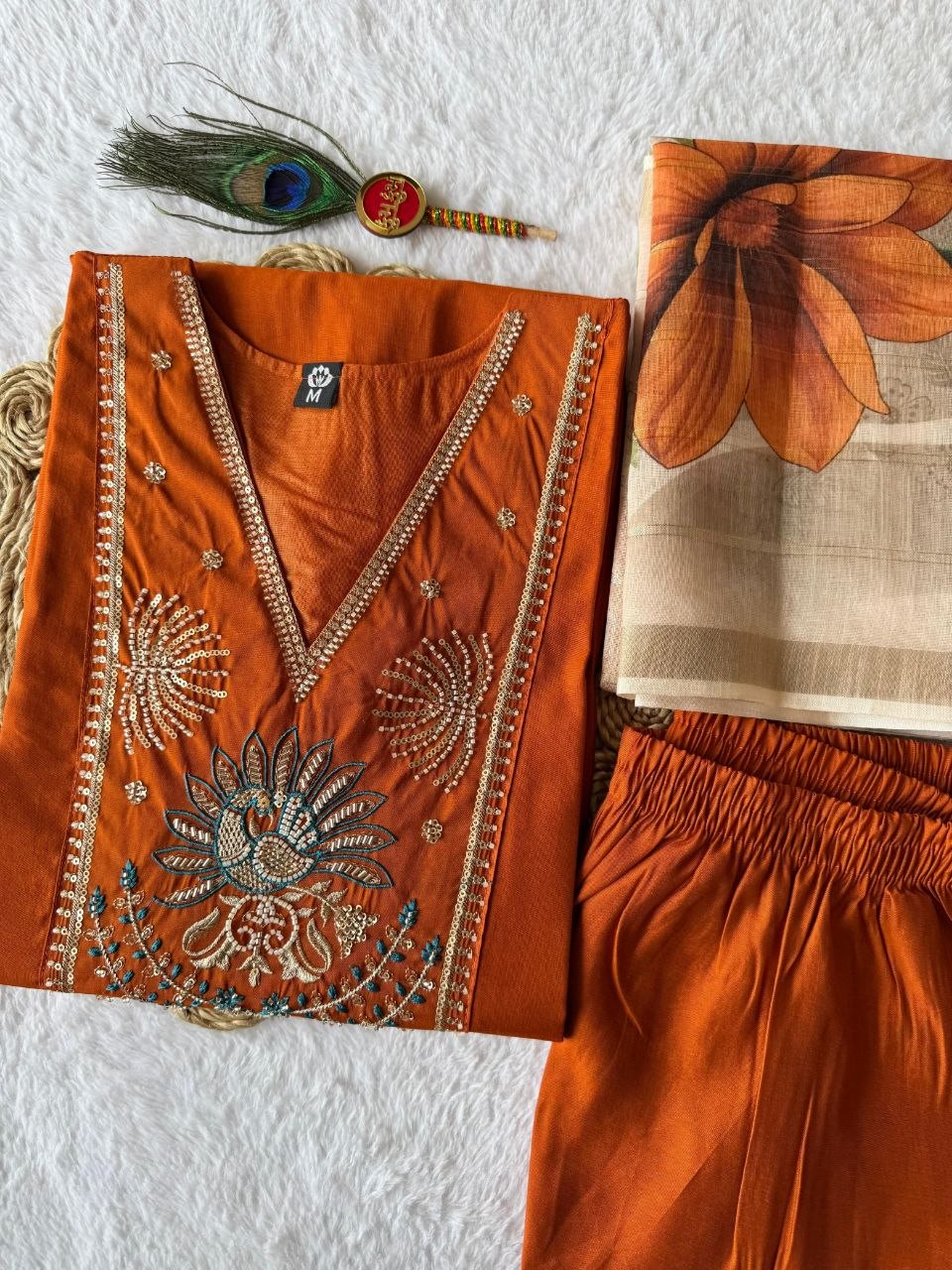 Light Rust Roman Silk Kurti Pant Dupatta Set with Moti Work | Aarvya Fashion