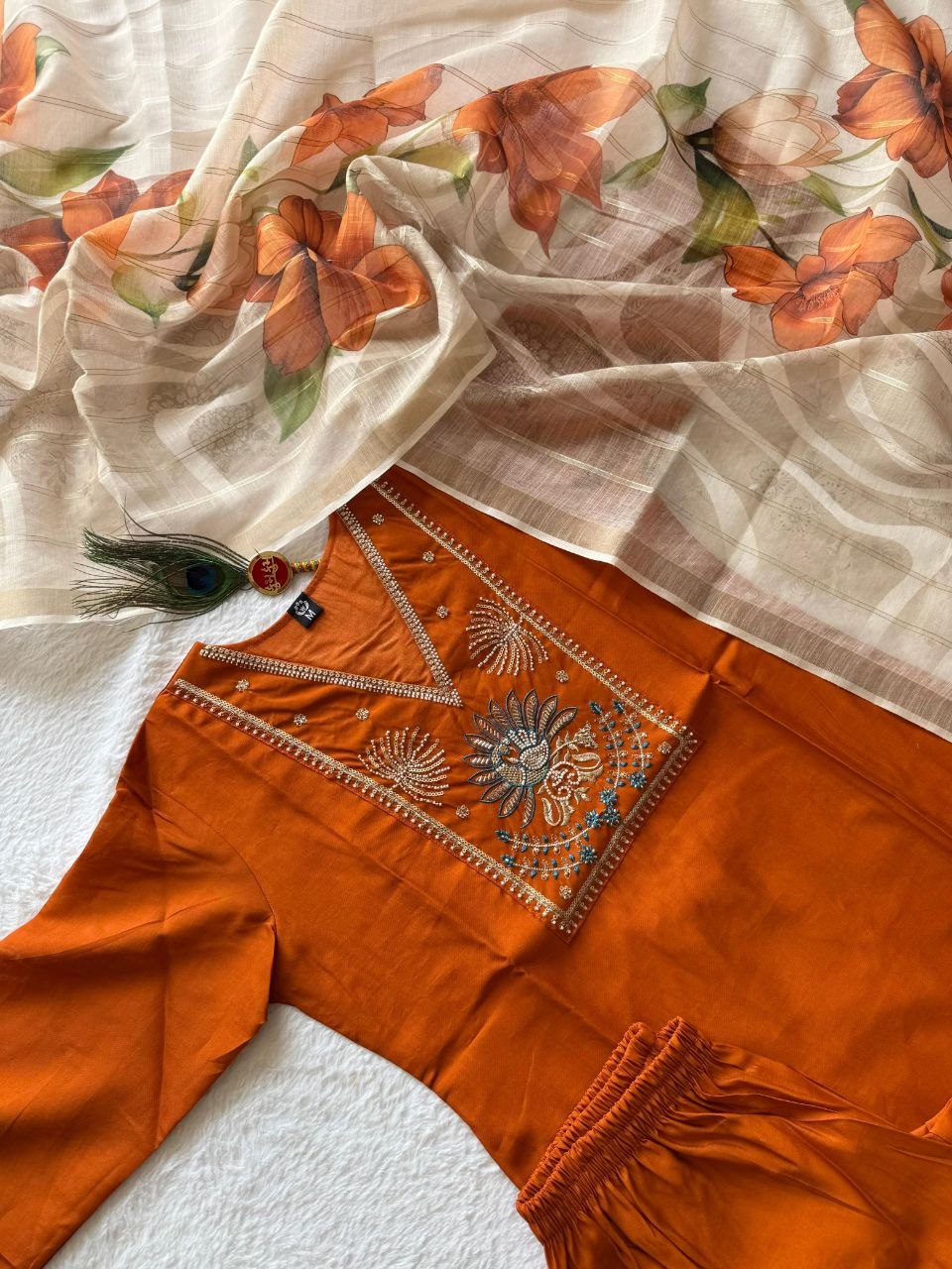 Light Rust Roman Silk Kurti Pant Dupatta Set with Moti Work | Aarvya Fashion