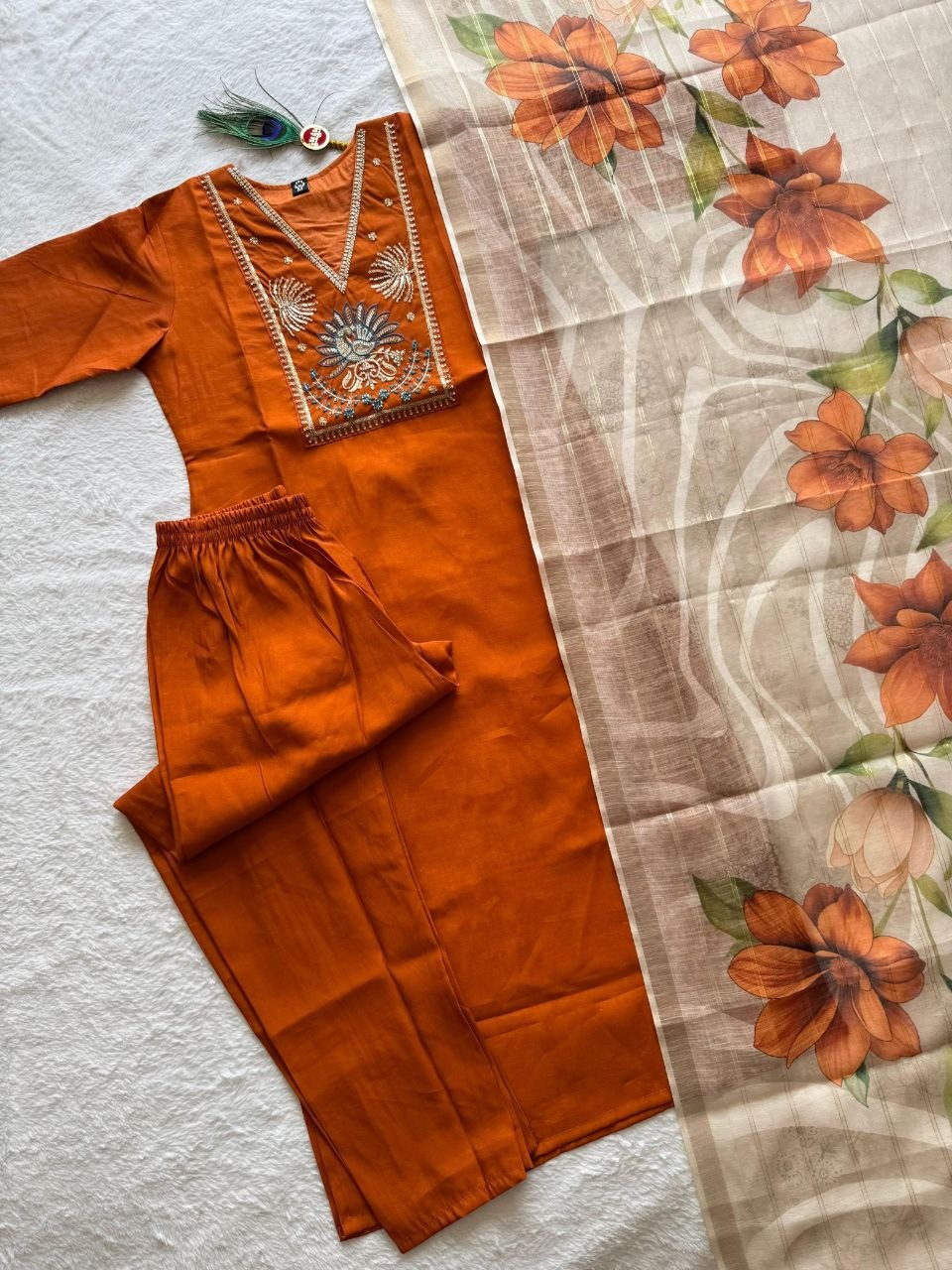 Light Rust Roman Silk Kurti Pant Dupatta Set with Moti Work | Aarvya Fashion